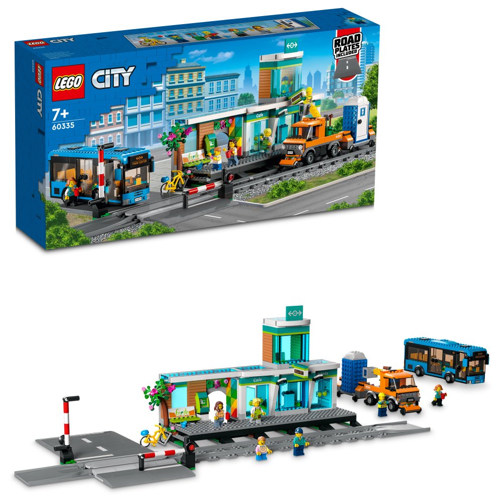 LEGO 60335 City La Gare: Aventure Urbaine avec Bus, Nacelle Élévatrice, 6  Minifigurines, Plaques de Route, Compatible avec Train City, Jouet Éducatif
